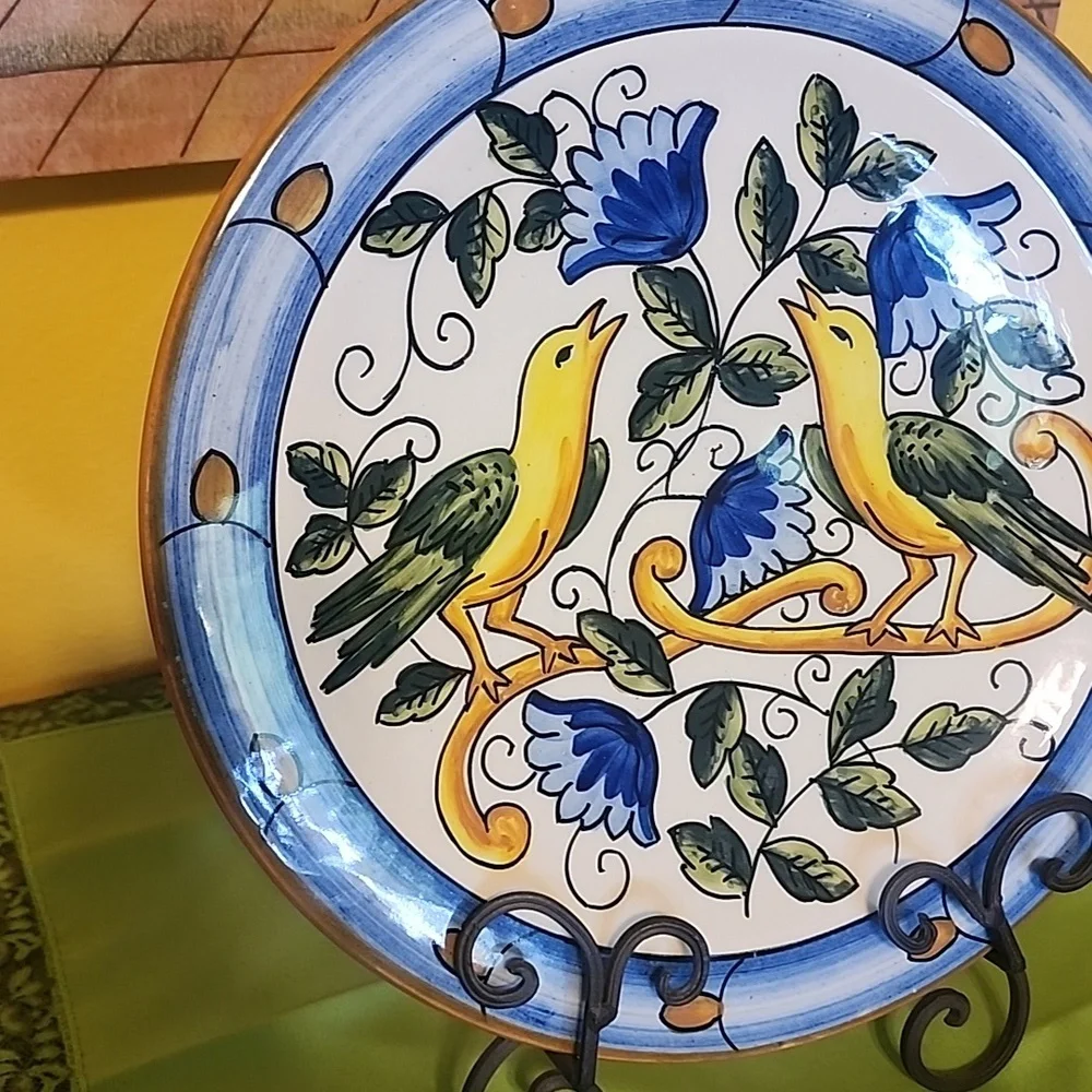 Hand-Painted Ceramic Wall Plate in Blue, Yellow & Green